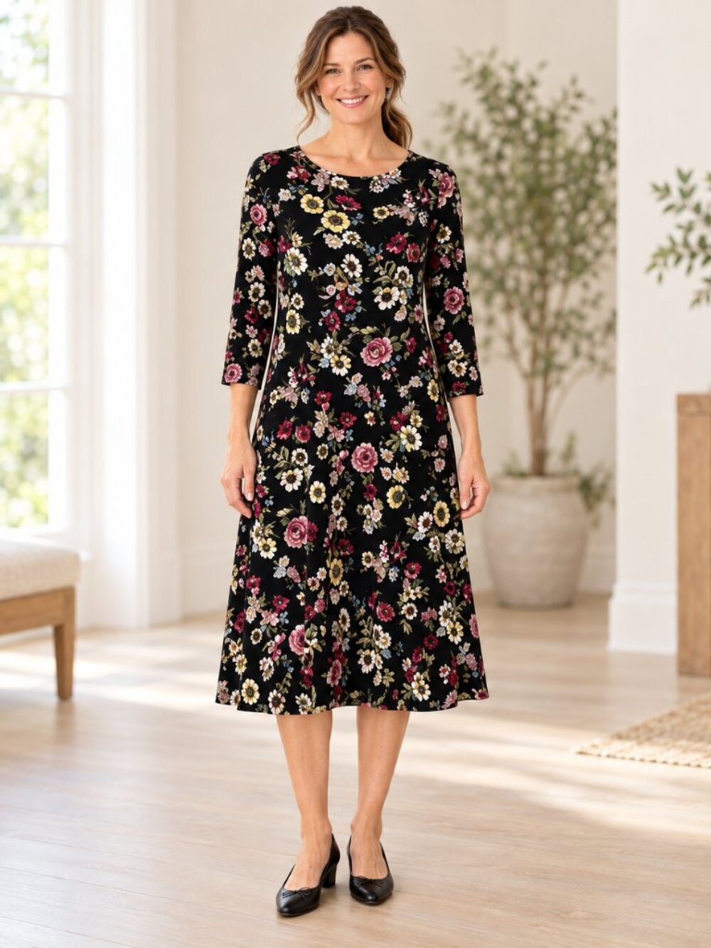 J Jill Wearever Dress Womens M Black Floral 3/4 Sleeve Stretch Midi Relaxed